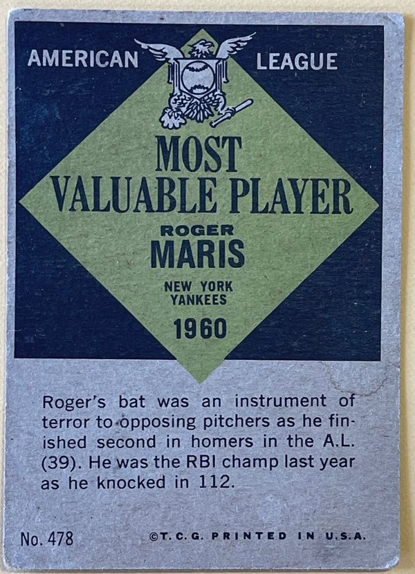 1961 Topps Roger Maris AL MVP Baseball Card #478