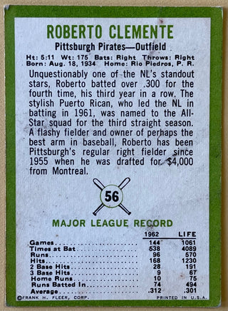1963 Fleer Roberto Clemente Pittsburgh Pirates Baseball Card #56