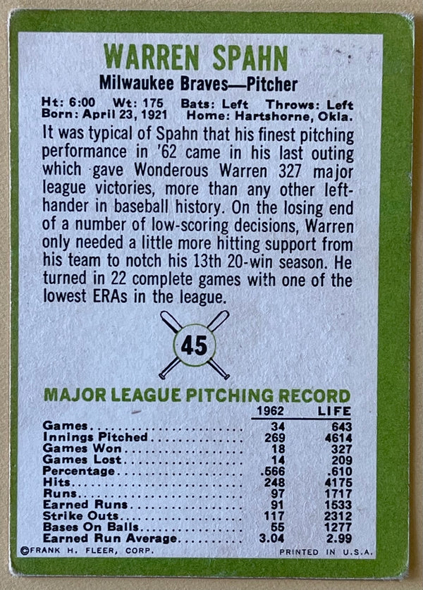 1963 Fleer Warren Spahn Milwaukee Braves Baseball Card #45