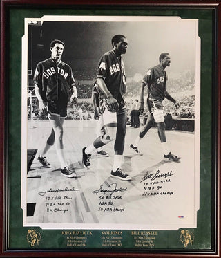 Bill Russell, John Havlicek and Sam Jones Autographed Framed 20x24 Photo (PSA)