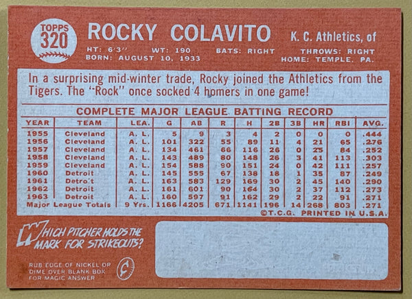 1964 Topps Rocky Colavito K C Athletics Baseball Card #320