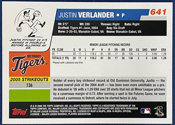 Justin Verlander 2006 Topps Rookie Card #641