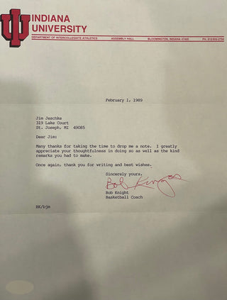 Bobby Knight Autographed Indiana University Letter (JSA)