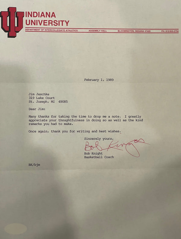 Bobby Knight Autographed Indiana University Letter (JSA)