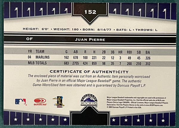 Juan Pierre 2005 Donruss Game Used Bat Card