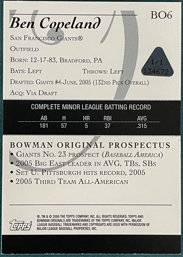 Ben Copeland 2006 Bowman Originals Printing Plate Card
