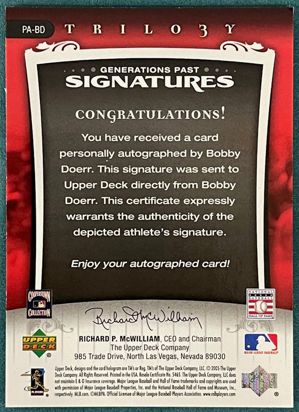 Bobby Doerr Autographed 2005 Upper Deck Trilogy Card 101/199