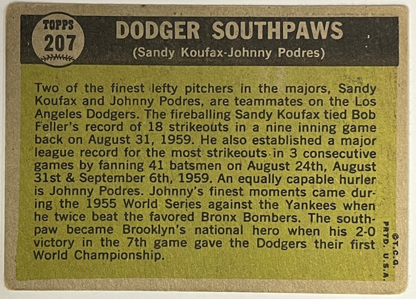 1961 Topps Dodger Southpaws Card #207 Sandy Koufax Johnny Podres