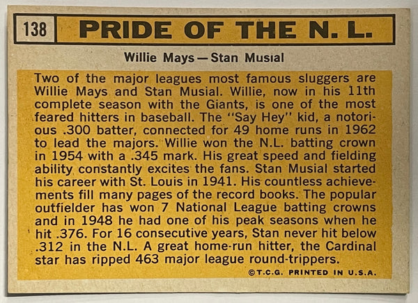 1963 Topps Baseball Card Willie Mays Stan Musial #138 Pride Of NL