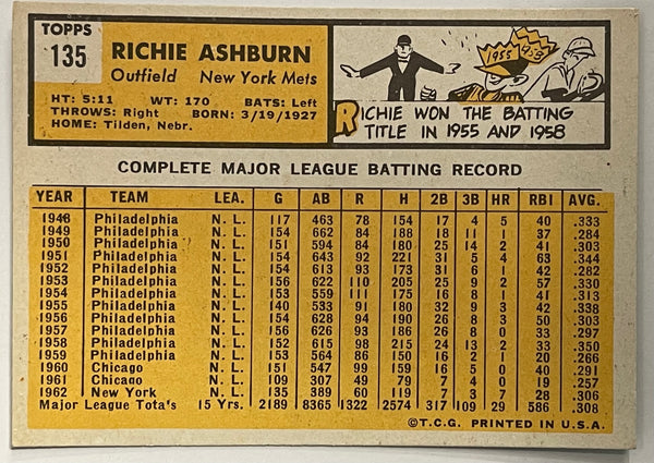 Richie Ashburn 1963 Topps Baseball Card #135 New York Mets