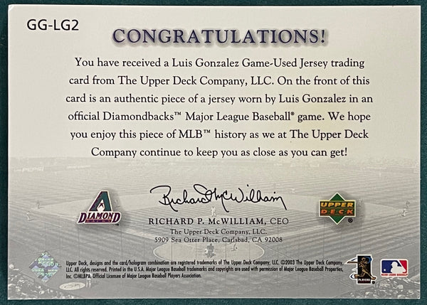 Luis Gonzalez 2003 Upper Deck Game Face Gear Game Used Jersey Card