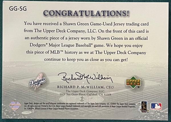 Shawn Green 2003 Upper Deck Game Face Gear Game Used Jersey Card