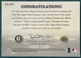 Miguel Tejeda 2003 Upper Deck Game Face Gear Game Used Jersey Card