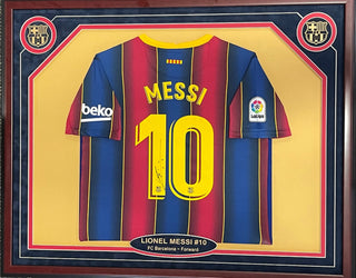 Lionel Messi Autographed Barcelona Home Kit Framed Jersey (BVG)