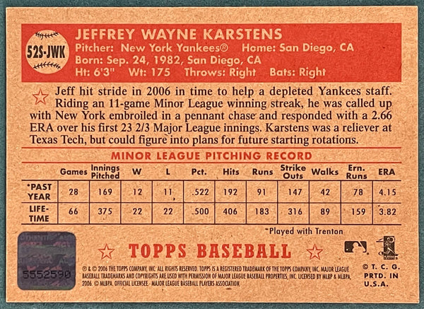 Jeff Karstens 2006 Topps '52 Autographed Card