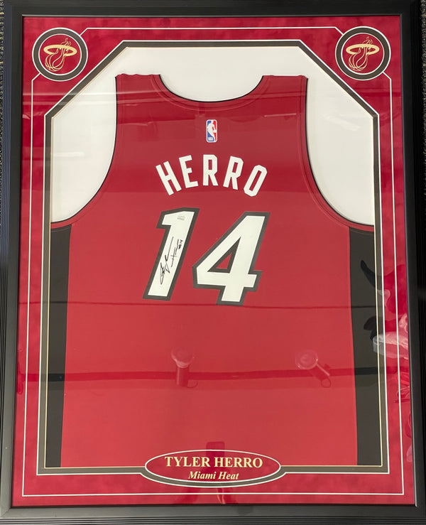 Tyler Herro Autographed Framed Miami Heat Away Jersey (JSA)