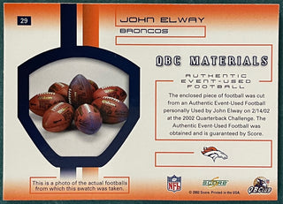 John Elway 2002 Score Authentic Event Used Football Card