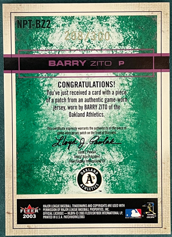 Barry Zito 2003 Fleer Patchworks Game Worn Jersey Card #208/300