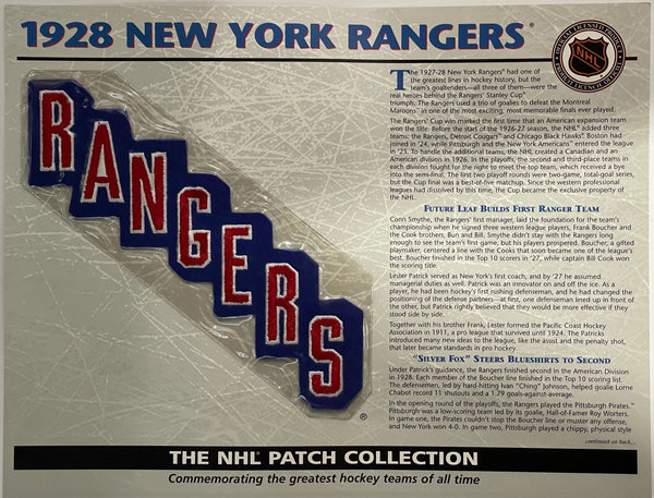 NHL 1928 New York Rangers Official Patch on Team History Card