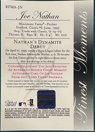 Joe Nathan Autographed 2007 Topps Finest Card