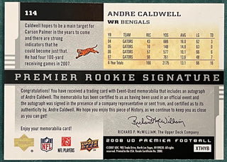 Andre Caldwell Autographed 2008 Upper Deck Premier Rooke Card #112/375