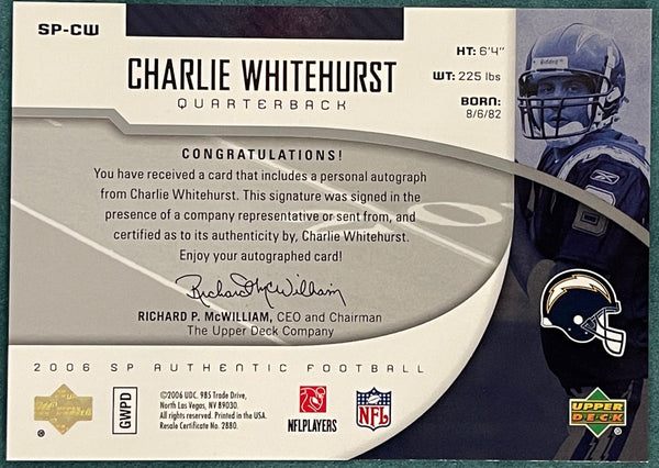 Charlie Whitehurst Autographed 2006 Upper Deck SP Authentic Card