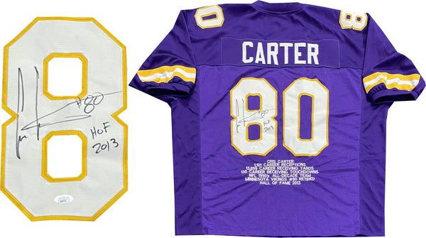 Cris Carter "HOF 2013" Autographed Minnesota Vikings Embroidered Stat Jersey (JSA)