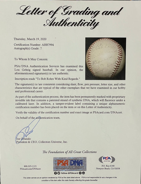 Lou Gehrig Autographed Baseball (PSA Auto Graded 7)