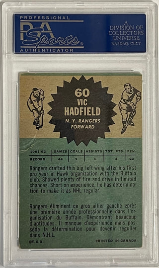 Vic Hadfield Autographed 1962-63 Topps Card #60 (PSA)