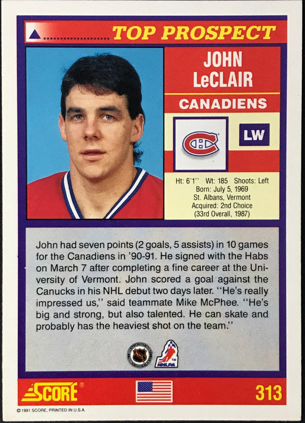 John LeClair Autographed 1991-92 Score Card #313