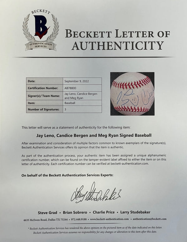 Candice Bergen Actress Murphy Brown with Jay Leno Meg Ryan Signed Baseball (Beckett)