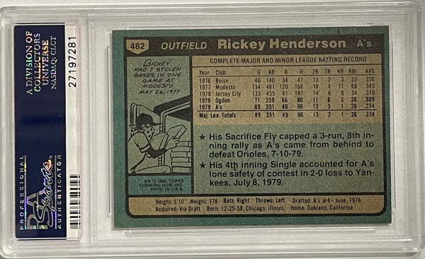 Rickey Henderson 1980 Topps Rookie Card #482 PSA EX-MT 6 Card