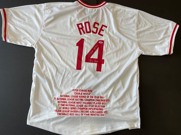 Pete Rose "Hit King" Autographed Embroidered Stat Cincinnati Reds Jersey. (JSA)