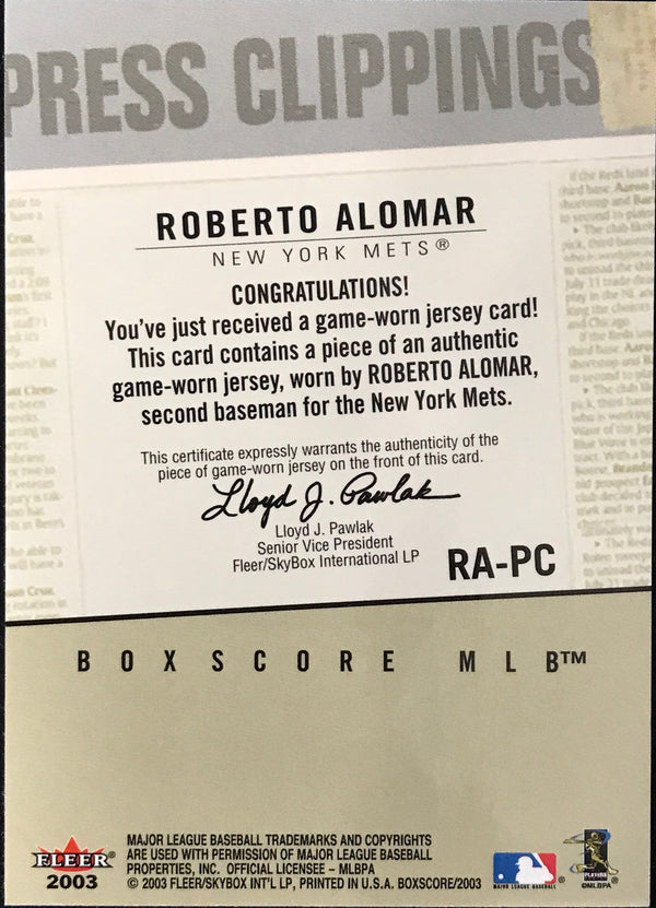 Roberto Alomar Jr Unsigned 2003 Fleer Game Worn Jersey Card