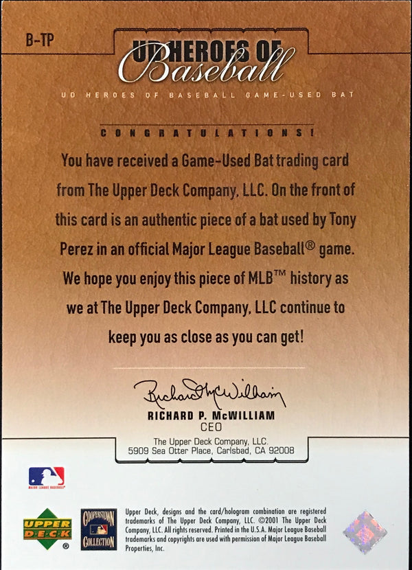 Tony Perez 2001 Upper Deck #B-TP Game Used Bat Card