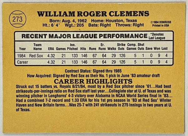 Roger Clemens Unsigned 1985 Donruss Card