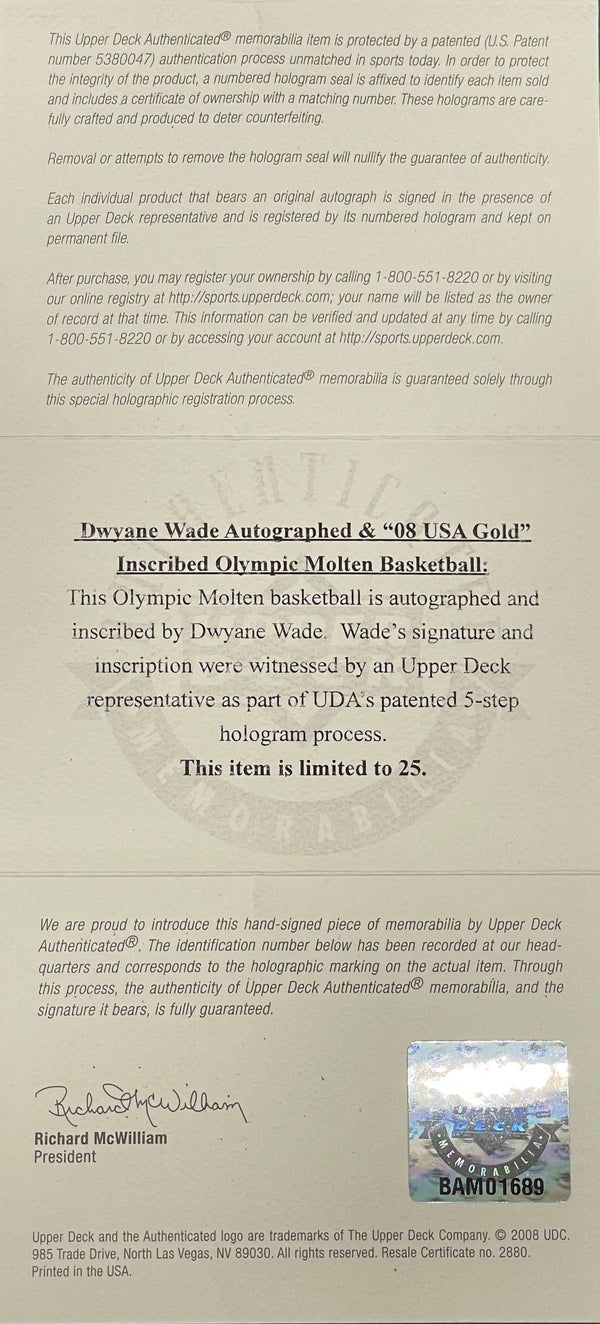 Dwyane Wade "08 USA GOLD" Autographed Molten Official Basketball LE#25 (UDA)