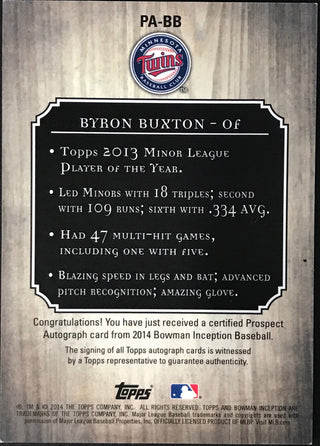 Byron Buxton Autographed 2014 Topps Bowman's Inception Card