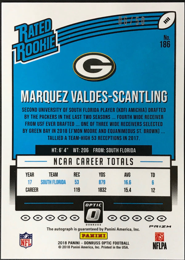 Marquez Valdes-Scantling Autographed 2018 Panini Optic Football Rookie Card #186