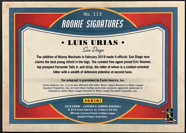 Luis Urias Autographed 2019 Panini Leather & Lumber Rookie Card