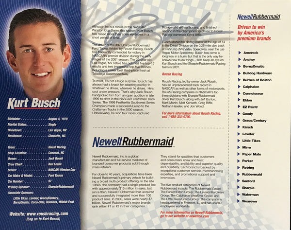 Kurt Busch Autographed Sharpie Rubbermaid Racing 8x10 Photo