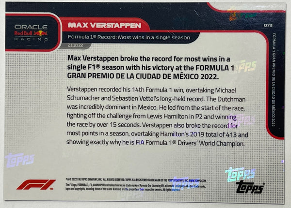 Max Verstappen 2022 Topps Now Formula 1 F1 Racing Card #73 Base Version