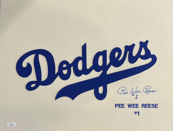Pee Wee Reese Autographed 14x18 Brooklyn Dodgers Jersey Swatch
