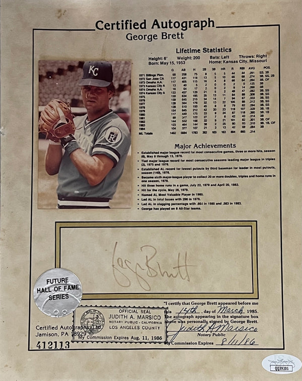 George Brett Autographed 8x10 Baseball Stat Card (JSA)