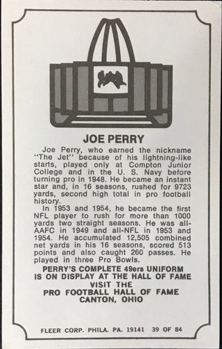 Joe Perry Autographed 1974 Fleer Immortal Roll Football Card #39
