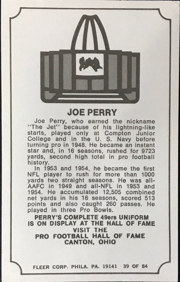 Joe Perry Autographed 1974 Fleer Immortal Roll Football Card #39