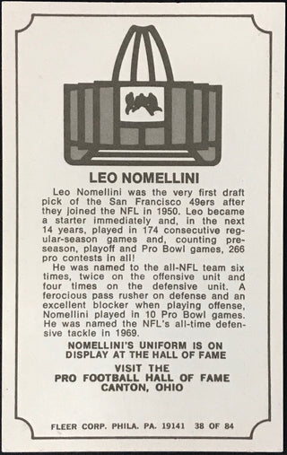 Leo Nomellini Autographed 1974 Fleer Immortal Roll Football Card #38