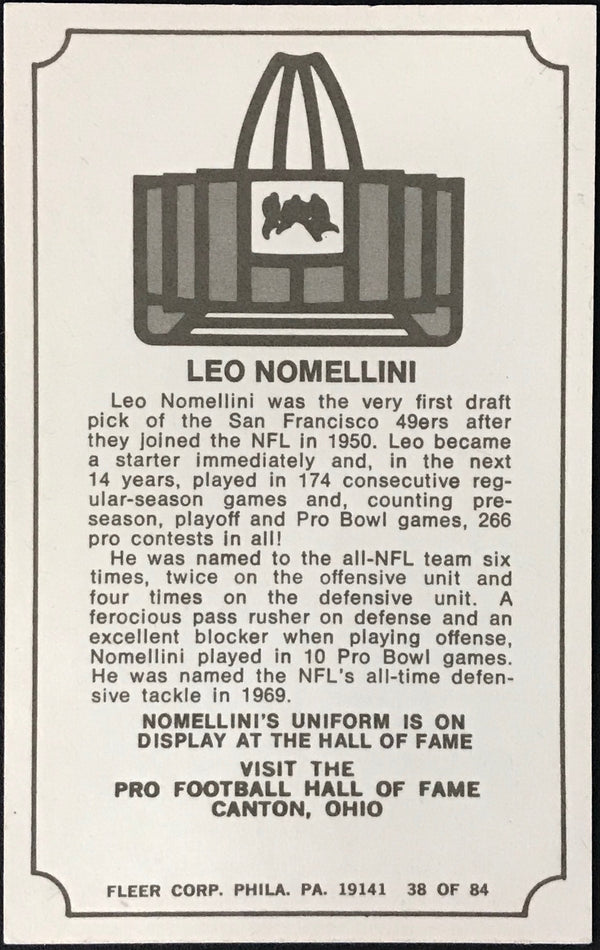 Leo Nomellini Autographed 1974 Fleer Immortal Roll Football Card #38