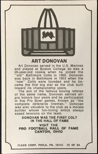 Art Donovan Autographed 1974 Fleer Immortal Roll Football Card #25