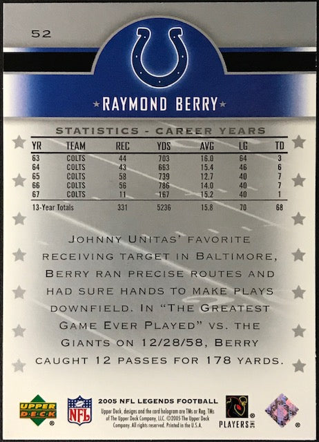 Raymond Berry Autographed 2005 Upper Deck NFL Legends Card